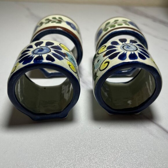 Hand-Painted Mexican Ceramic Floral Napkin Ring Set of 4 - Picture 2 of 11